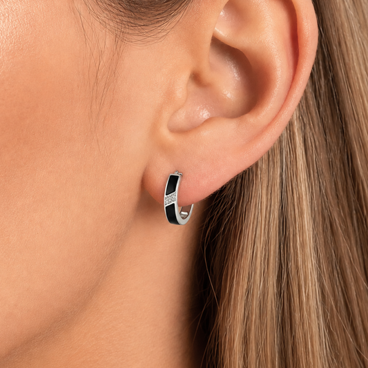 Kolczyki Black Crystal Line Hoop S925 Białe Złoto Czarne Damskie