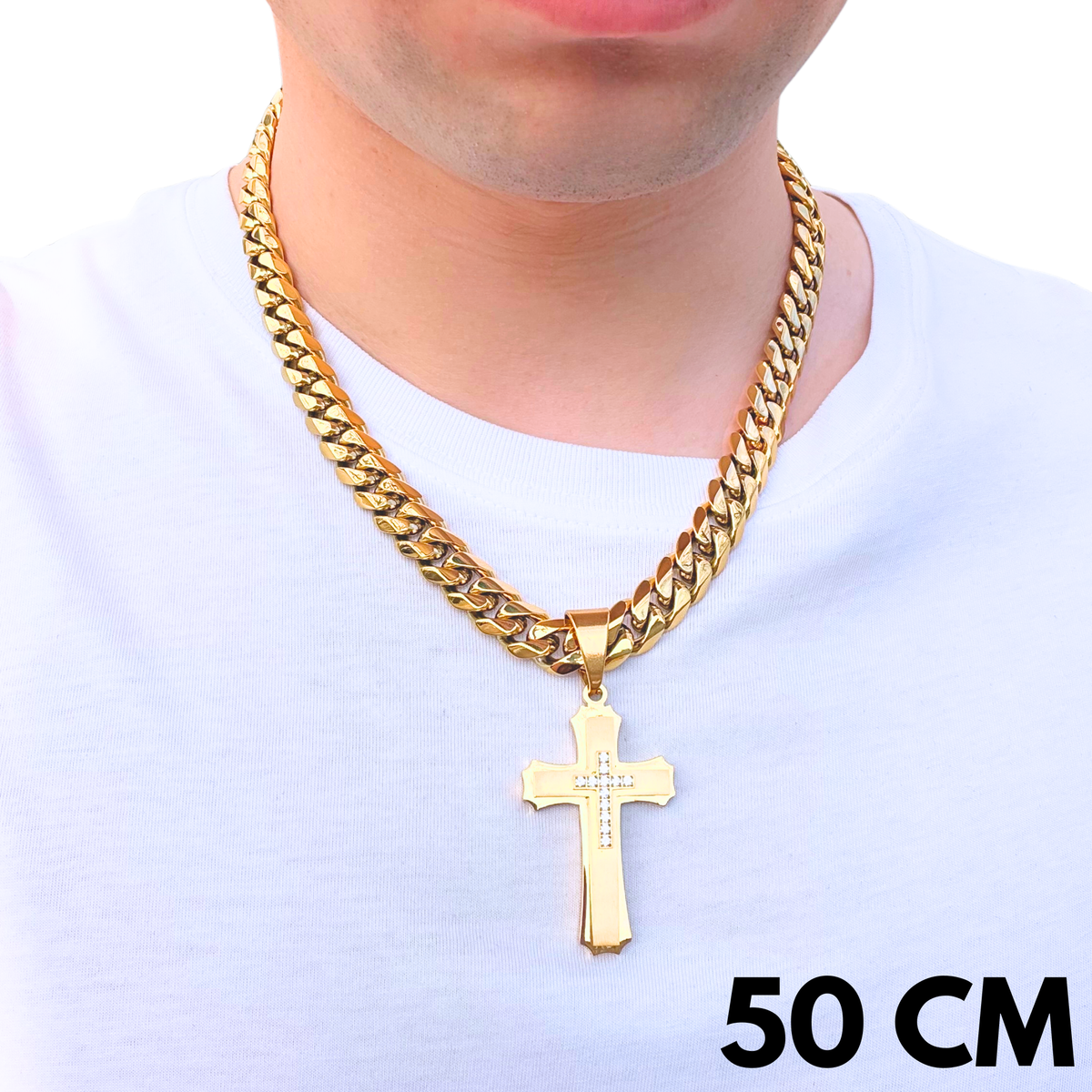 ZESTAW - Cuban Złoty 12mm + Zawieszka Royal Cross Złota
