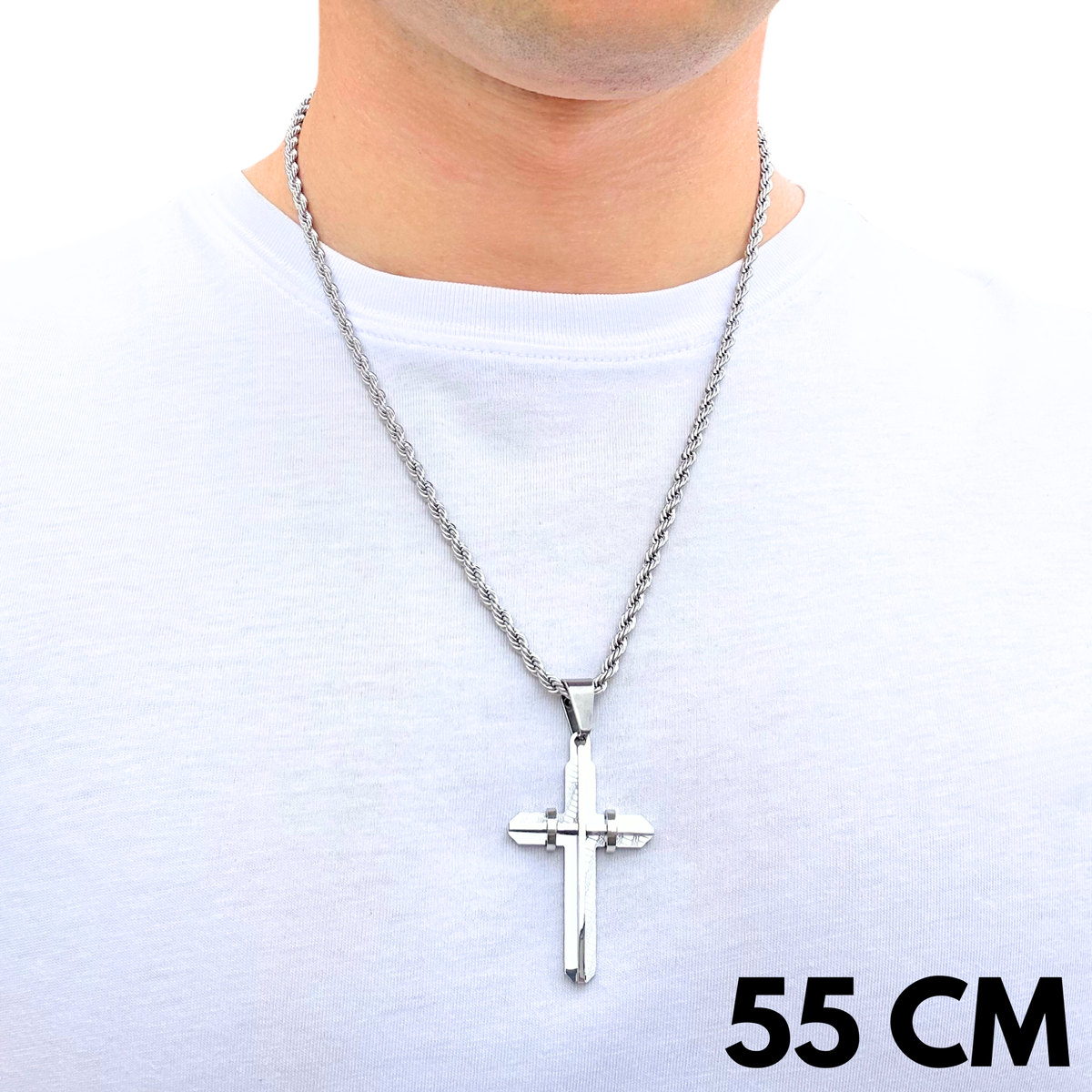 ZESTAW - Rope 4mm + Zawieszka Modern Cross Białe Złoto