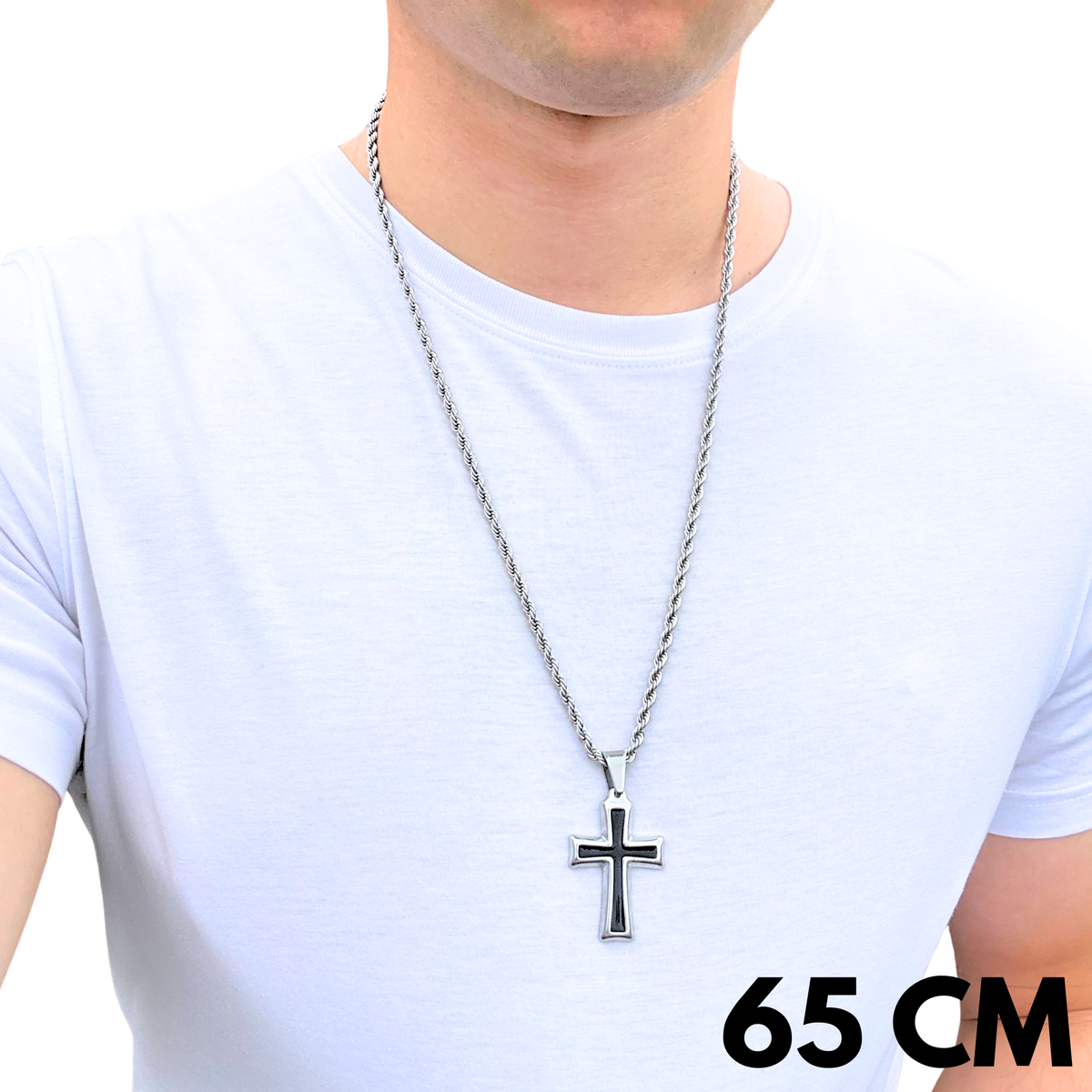 ZESTAW - Rope 4mm + Zawieszka Black Cross Białe Złoto